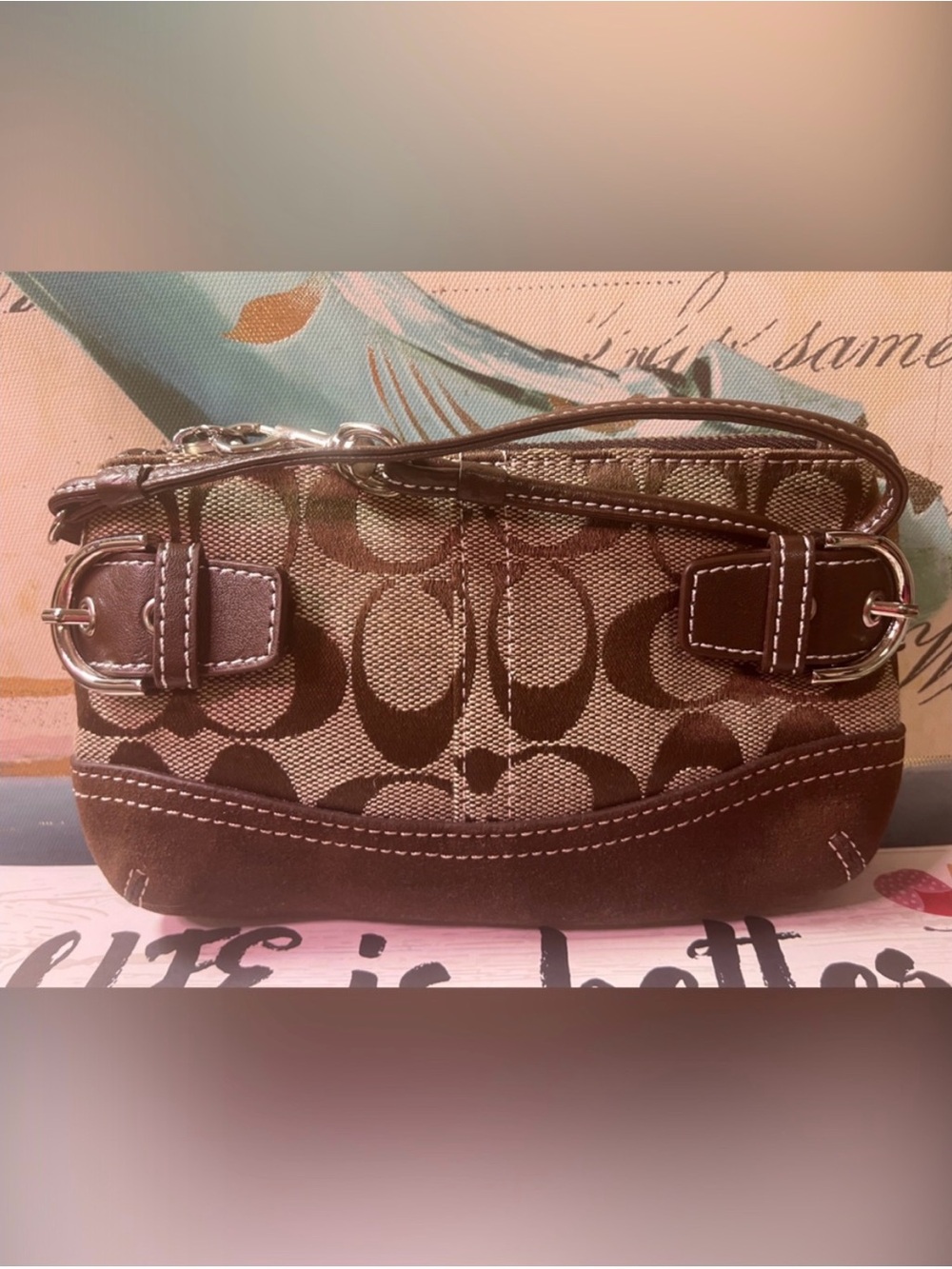 Coach Brown Signature Canvas Wristlet With Leather Trim - Suede Bottom